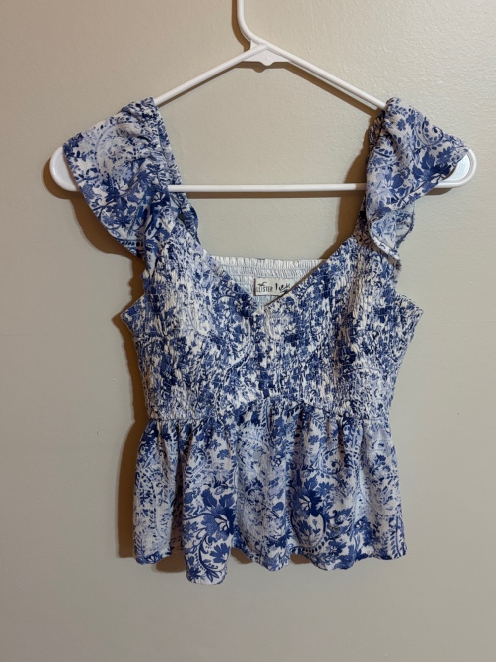 Hollister White and Blue Floral Smocked Peplum Cami